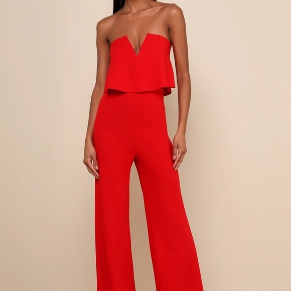 Lulus Pants - Lulu's Vibrant Red Strapless Jumpsuit